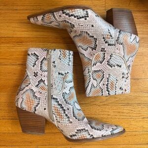 Leather Snakeskin Print Multicolour Heeled Ankle Boots